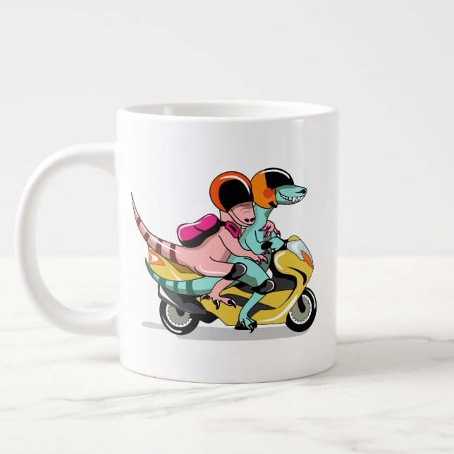 Two Cartoon Raptors Riding A Motor Scooter. Giant Coffee Mug (Left)