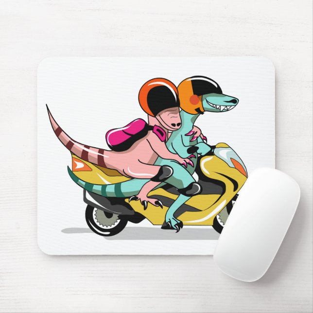 Two Cartoon Raptors Riding A Motor Scooter. Mouse Pad (With Mouse)