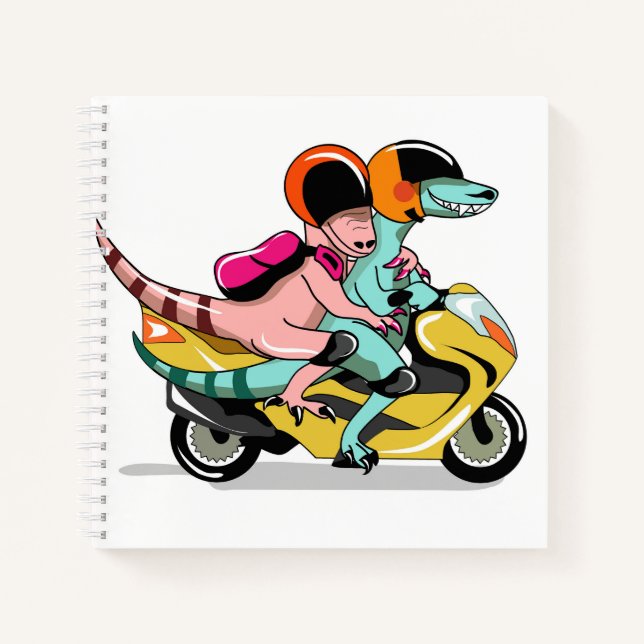 Two Cartoon Raptors Riding A Motor Scooter. Notebook (Front)