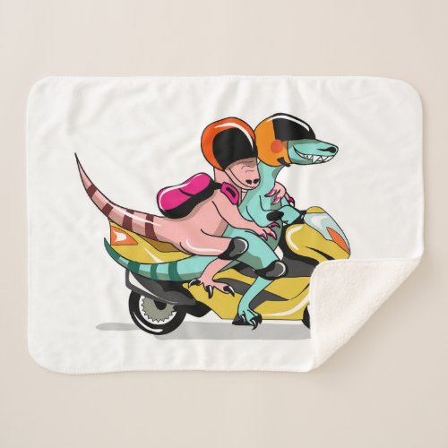 Two Cartoon Raptors Riding A Motor Scooter Sherpa Blanket