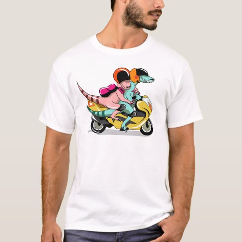 Two Cartoon Raptors Riding A Motor Scooter T_Shirt