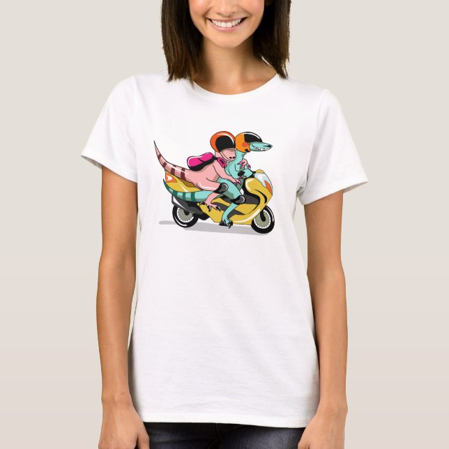 Two Cartoon Raptors Riding A Motor Scooter. T-Shirt (Front)
