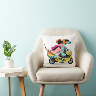 Two Cartoon Raptors Riding A Motor Scooter. Throw Pillow