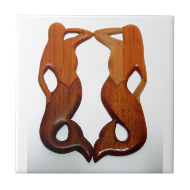 two carved wood  mermaids ceramic tile (Front)