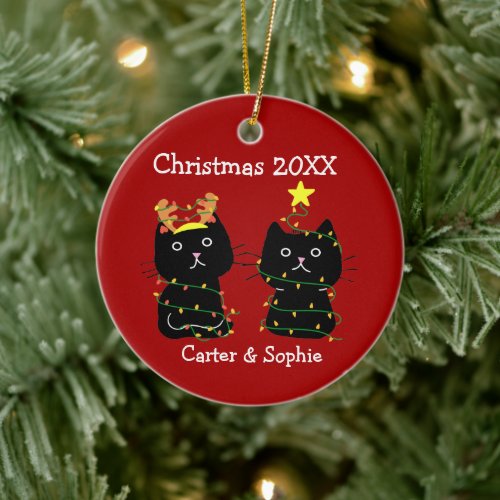 Two Cat Christmas Lights Custom Names Cute Red Ceramic Ornament