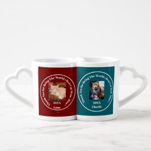 Two Cat Photo Cat Mom & Dad Burgundy Blue Coffee Mug Set
