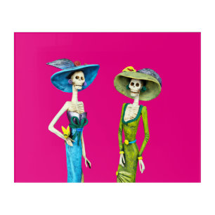 Two Catrinas on a hot pink bk Acrylic Wall Art