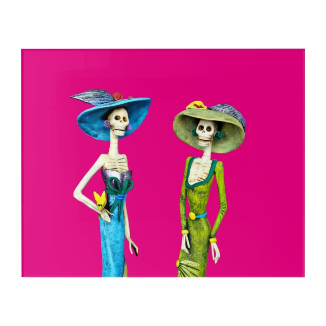Two Catrinas on a hot pink bk Acrylic Wall Art (Front)