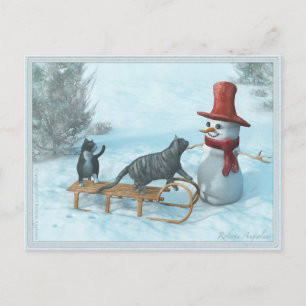 Two Cats and a Snowman Postcard