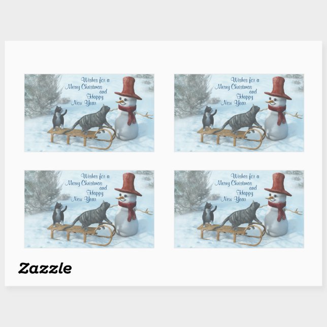 Two Cats and a Snowman Rectangular Sticker (Sheet)