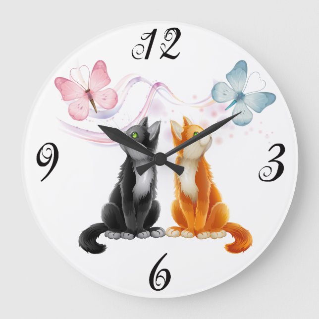 Two Cats and Butterflies Wall Clock (Front)