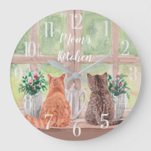 Two Cats at the Window Scenic Serene Flowers Large Clock