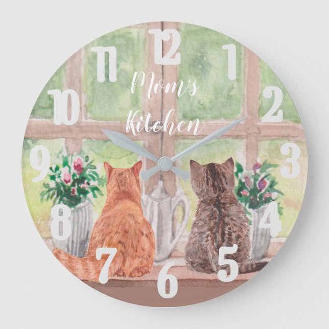 Two Cats at the Window Scenic Serene Flowers Large Clock (Front)