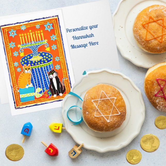 Two Cats Celebrate Hanukkah Personalized Holiday  (Personalize your special Hanukkah message in side this cute cat card!)