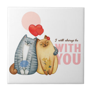 Two cats cuddling with heart shapes and romantic m ceramic tile