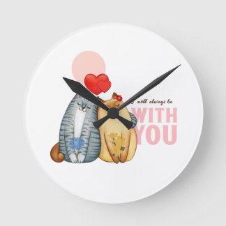 Two cats cuddling with heart shapes and romantic  round clock