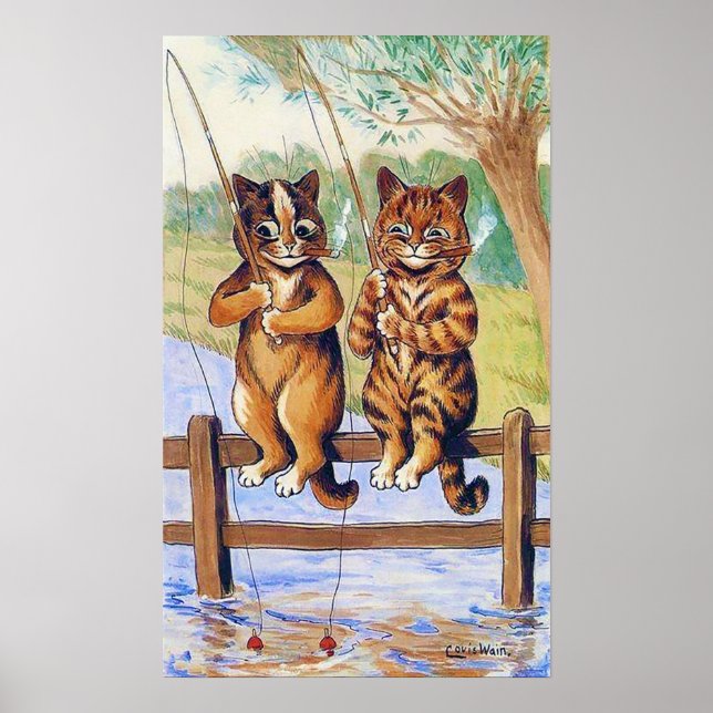 Two Cats Fishing, Louis Wain Poster (Front)