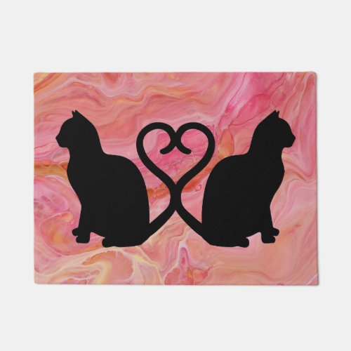 Two Cats Heart Tails on Pink Marble Doormat