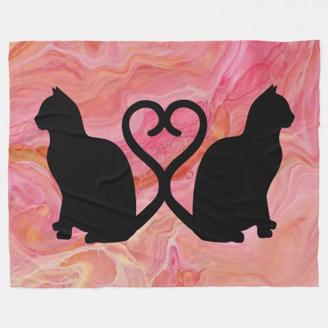 Two Cats Heart Tails on Pink Marble Fleece Blanket (Front (Horizontal))