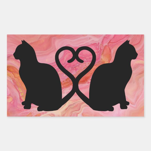 Two Cats Heart Tails on Pink Marble Rectangular Sticker (Front)