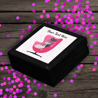 Two Cats in 1950's Style Pink Chair polka Dots Gift Box