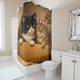 Two Cats in a Cardboard Box – Cozy Shower Curtain
