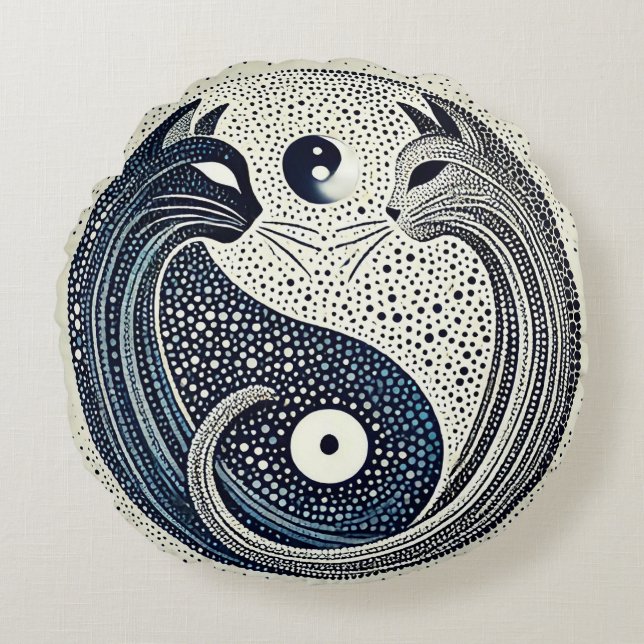 Two Cats in a Dotted Style Yin Yang Design Round Pillow (Front)
