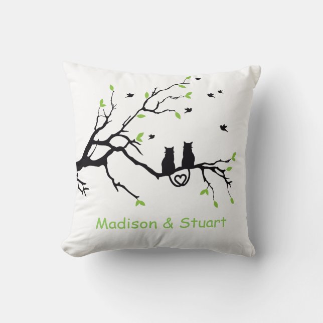 Two Cats In A Tree Black Green Love Personalized Throw Pillow (Front)