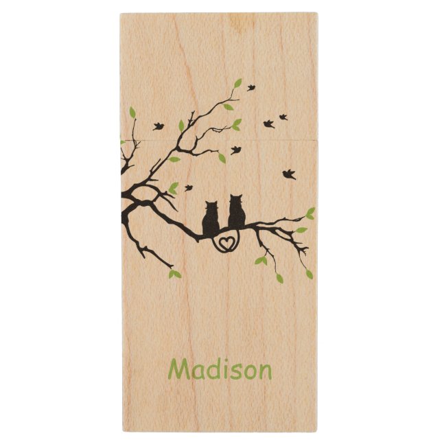 Two Cats In A Tree Black Green Love Personalized Wood Flash Drive (Front Vertical)