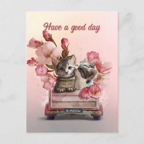 Two cats in a truck and flowers postcard