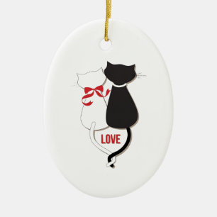 Two Cats in Love, Red, Black, Hearts Ceramic Ornament