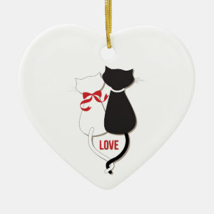 Two Cats in Love, Red, Black, Hearts Ceramic Ornament