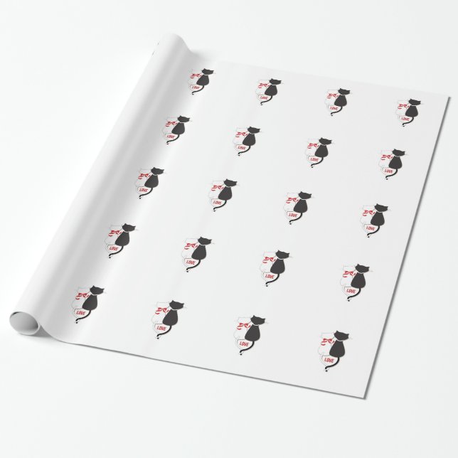 Two Cats in Love, Red, Black, Hearts Wrapping Paper (Unrolled)
