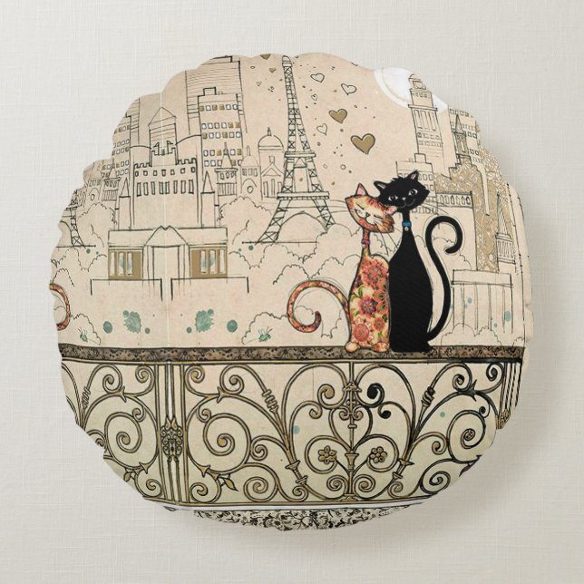 Two Cats in Love Round Pillow (Front)