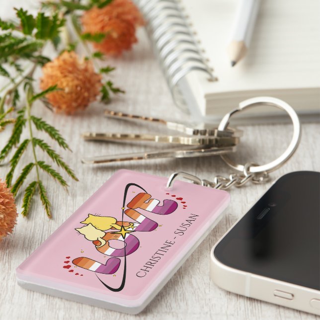 Two Cats In Love Sunset Lesbian Flag Acrylic Keychain (Front Right)