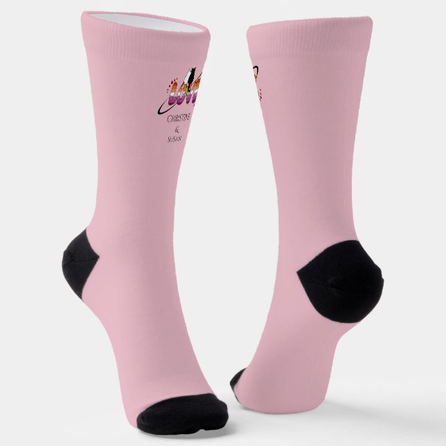 Two Cats In Love Sunset Lesbian Flag Socks (Angled)