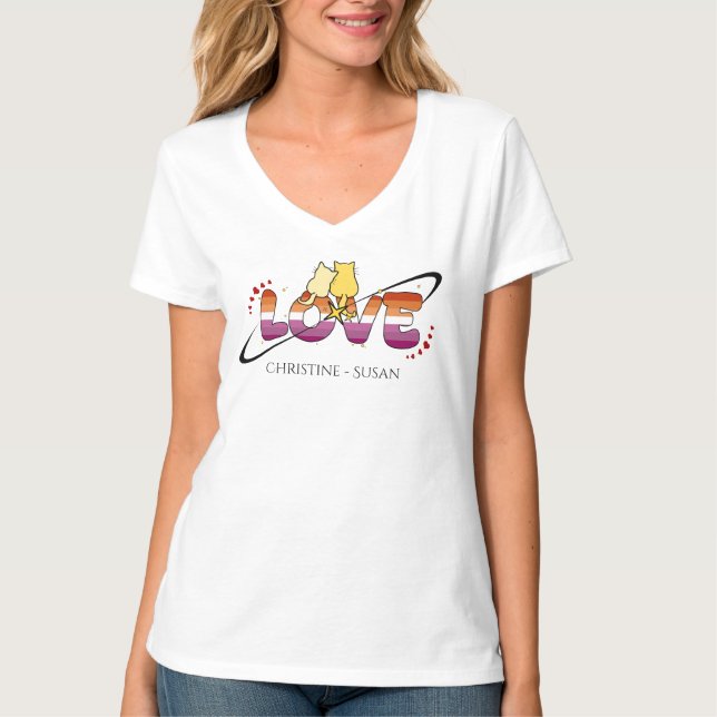 Two Cats In Love Sunset Lesbian Flag T-Shirt (Front)
