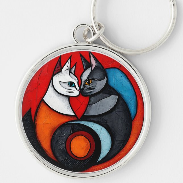 Two Cats in Vibrant Circular Design Keychain (Front)