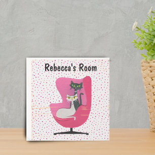 Two Cats Midcentury pink Chair Polka dots White Wooden Box Sign