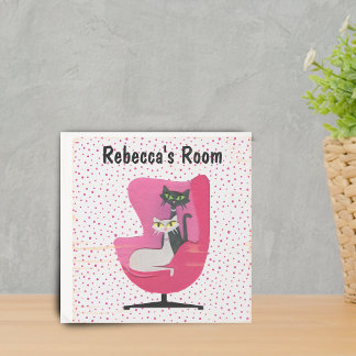 Two Cats Midcentury pink Chair Polka dots White Wooden Box Sign