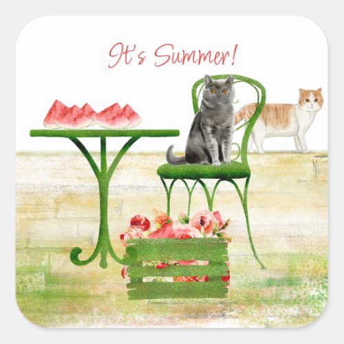 Two Cats on a Patio with Summer Fruits and Flowers Square Sticker