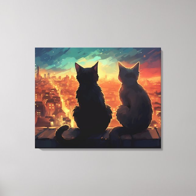 Two Cats on Rooftop Overlooking City at Night Canvas Print (Front)