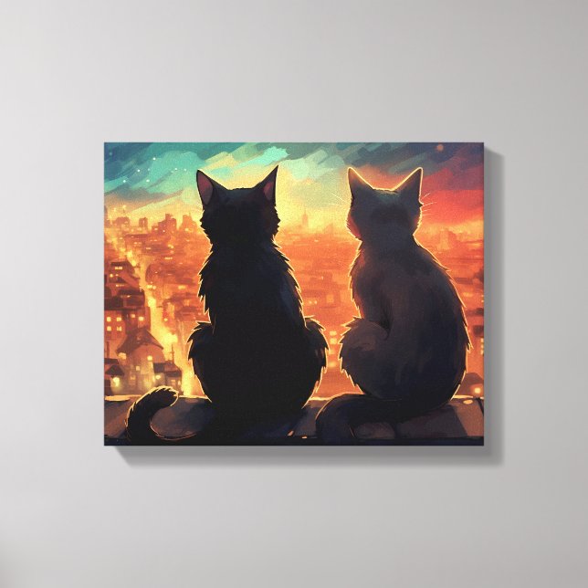 Two Cats on Rooftop Overlooking City at Night Canvas Print (Front)