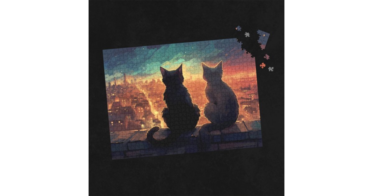 Two Cats on Rooftop Overlooking City at Night Jigsaw Puzzle | Zazzle