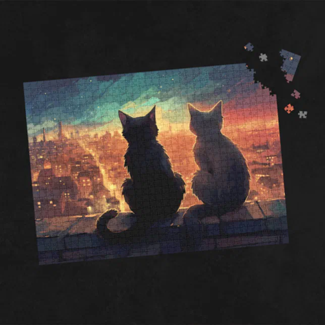 Two Cats on Rooftop Overlooking City at Night Jigsaw Puzzle | Zazzle