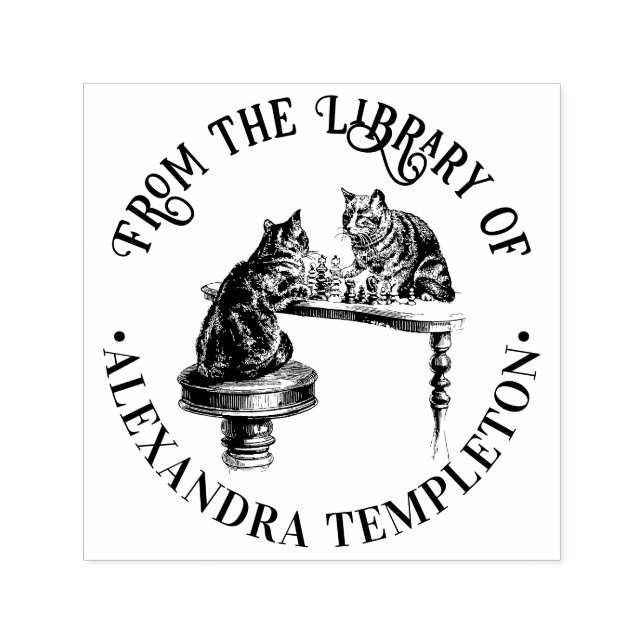 Two Cats playing Chess Match Library Book Name Self-inking Stamp (Design)
