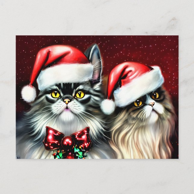 Two Cats Posing In Santa Hat Postcard (Front)