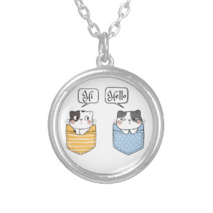 two cats silver plated necklace