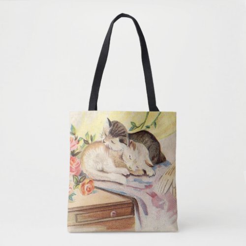 Two cats sleeping on a blanket together tote bag