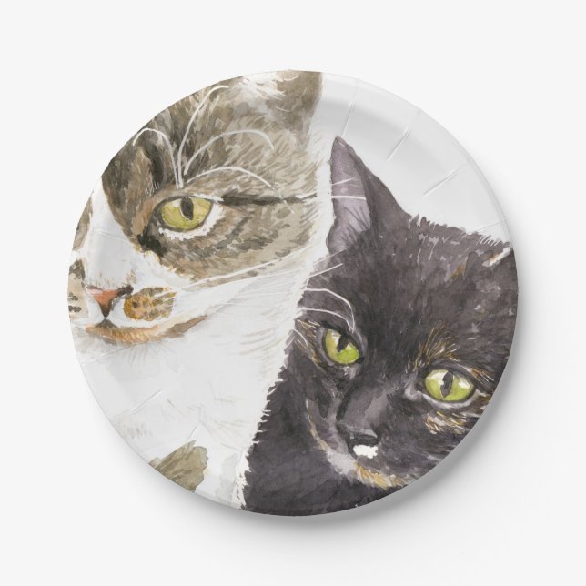 Two cats - tabby and tortie paper plates (Front)